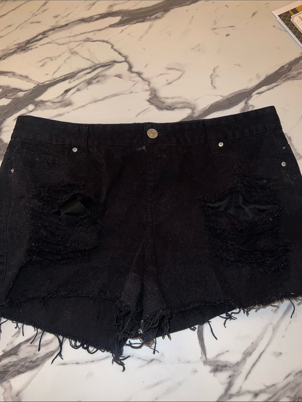 Forever 21 Black Distressed Jean Shorts with Frayed Hem Size 14